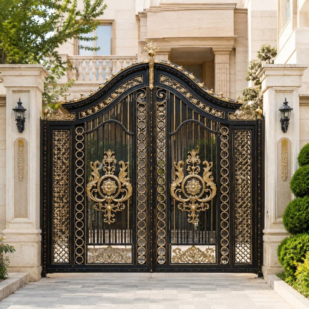 درب پارکینگ مشکی طلایی با پتینه کلاسیک