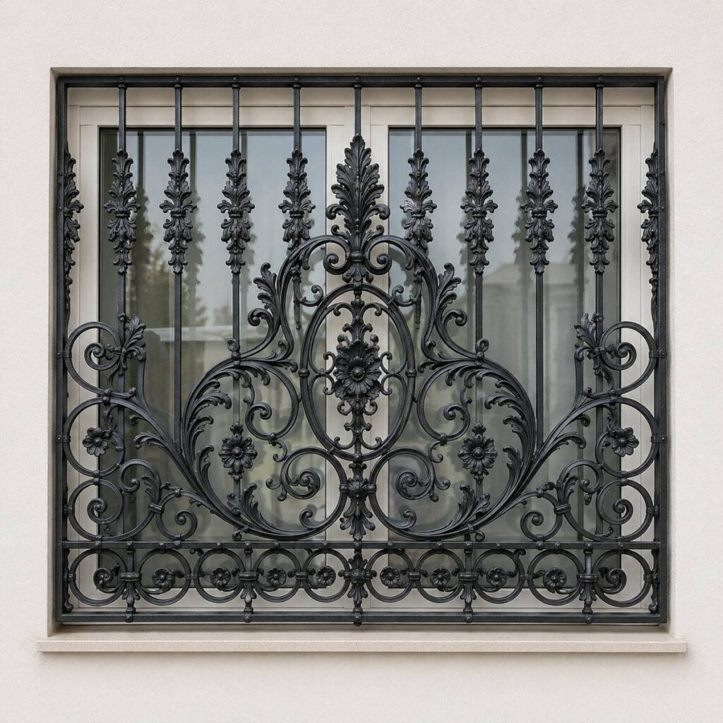 نرده پنجره مشکی کنار نمای سنگی نرده پنجره مشکی کنار نمای سنگی